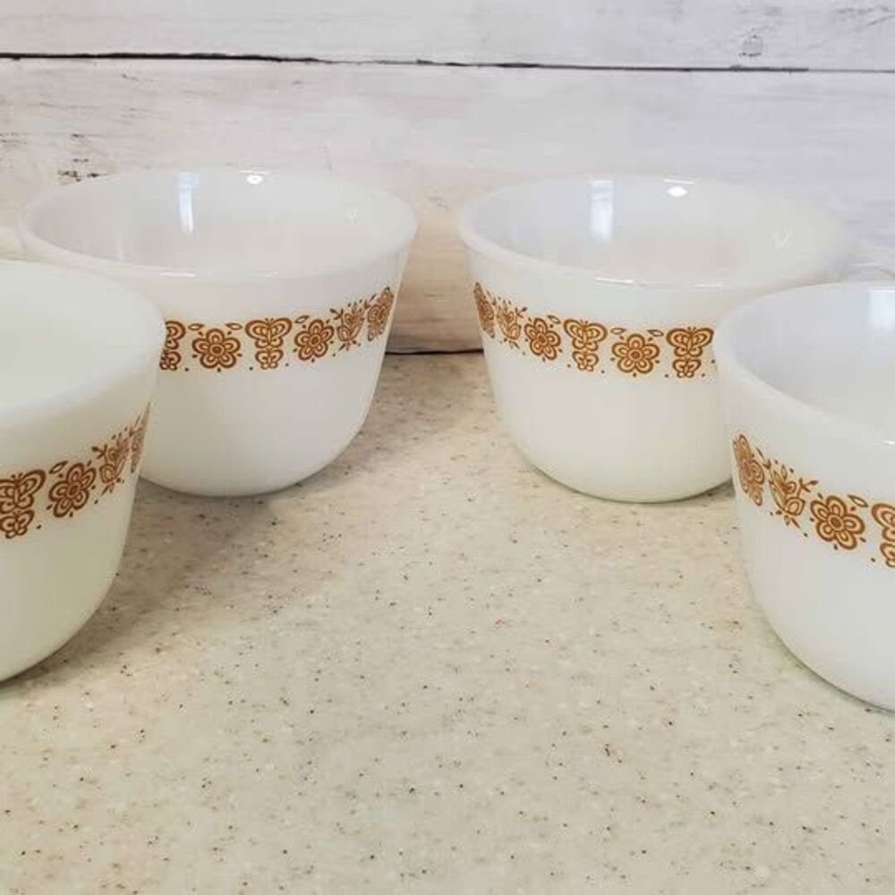 Corelle Pyrex Golden Butterfly Mugs Set 4 Vintage Milk Glass White Yellow Floral